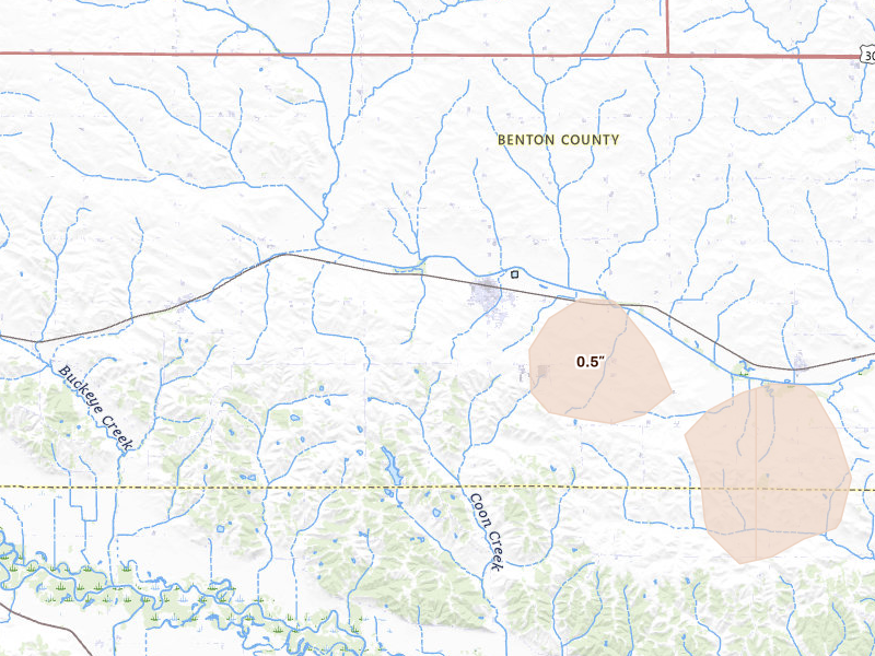 Radar-estimated hail-size map of the storm over Blairstown, IA on Jul 20, 2026