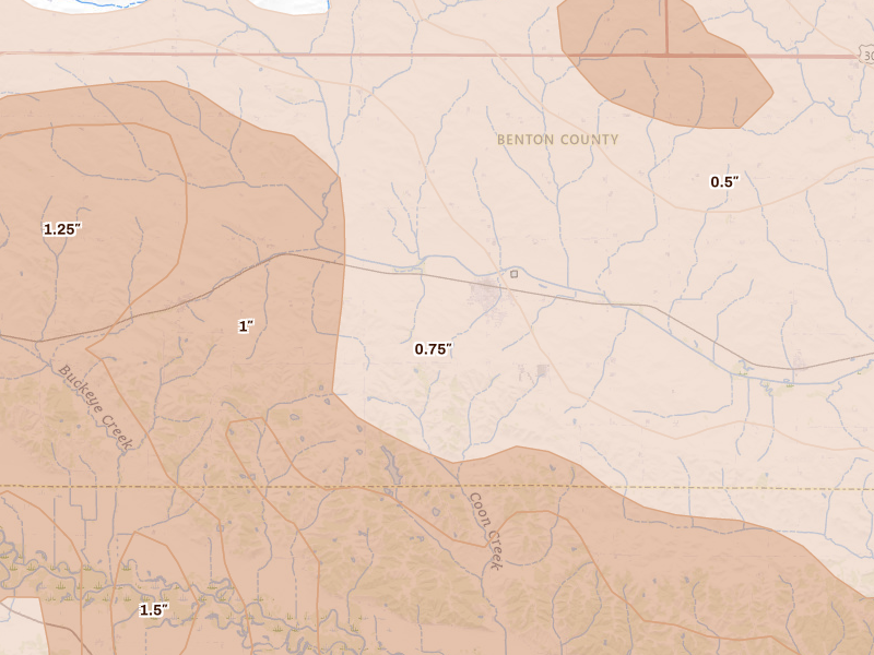 Radar-estimated hail-size map of the storm over Blairstown, IA on Aug 11, 2026