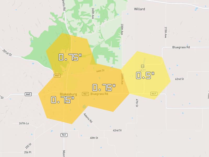 Hail map of Blakesburg, IA on Jun 6, 2026, hail up to 0.75"