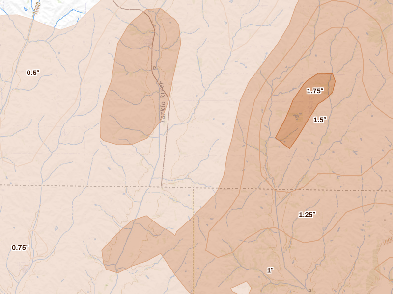 Radar-estimated hail-size map of the storm over Blanchard, IA on May 18, 2026