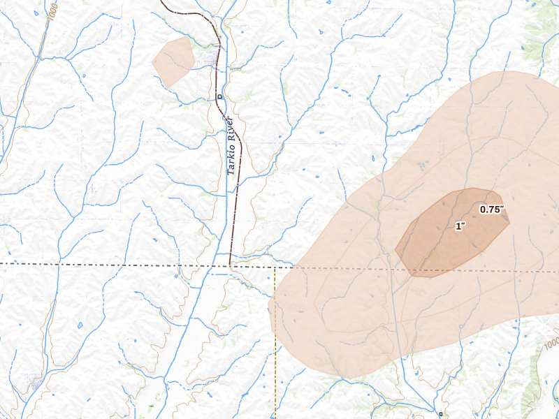 Radar-estimated hail-size map of the storm over Blanchard, IA on Jun 5, 2026