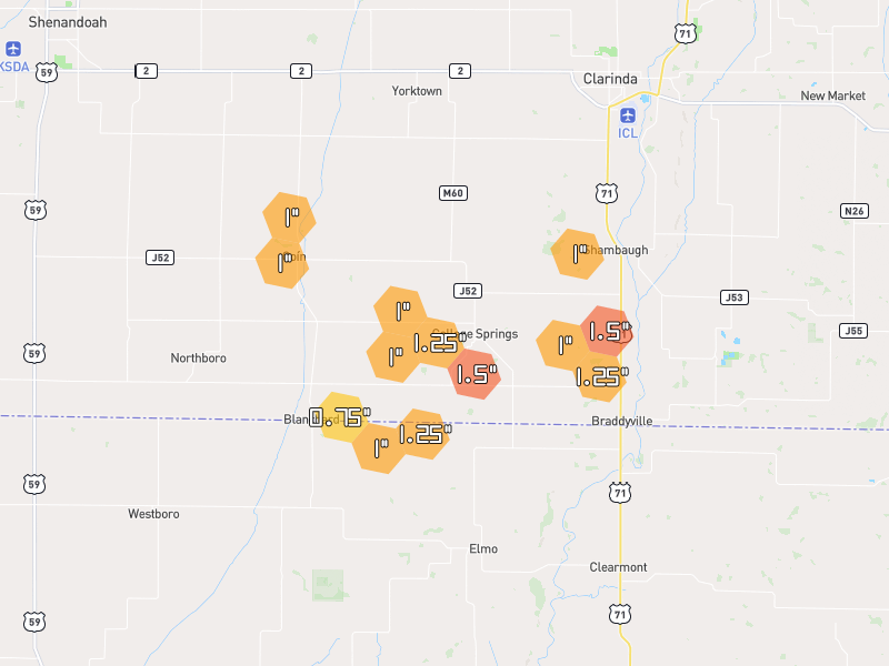 Hail map of Blanchard, IA on Jun 6, 2026, hail up to 1.5"
