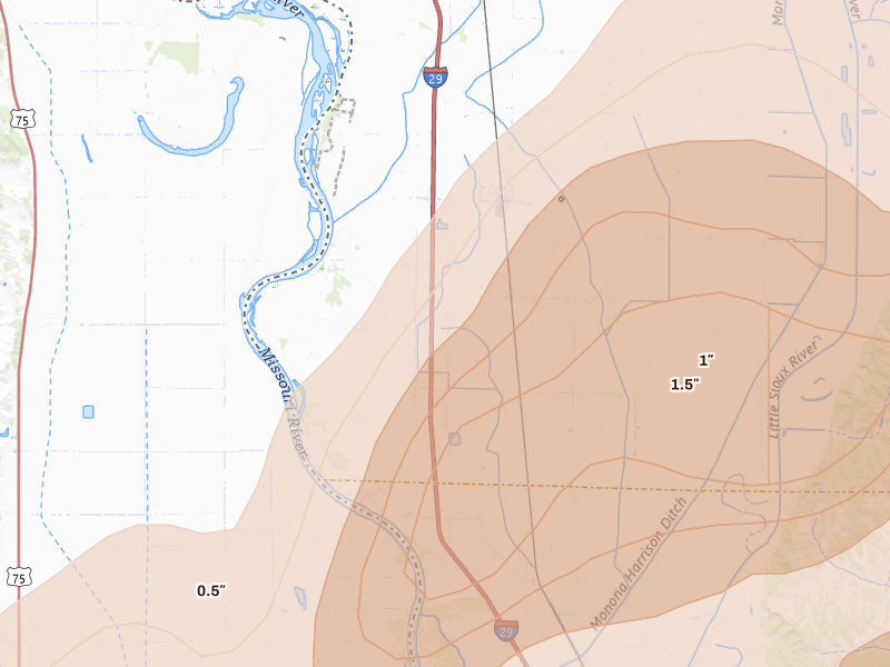 Radar-estimated hail-size map of the storm over Blencoe, IA on Apr 23, 2026