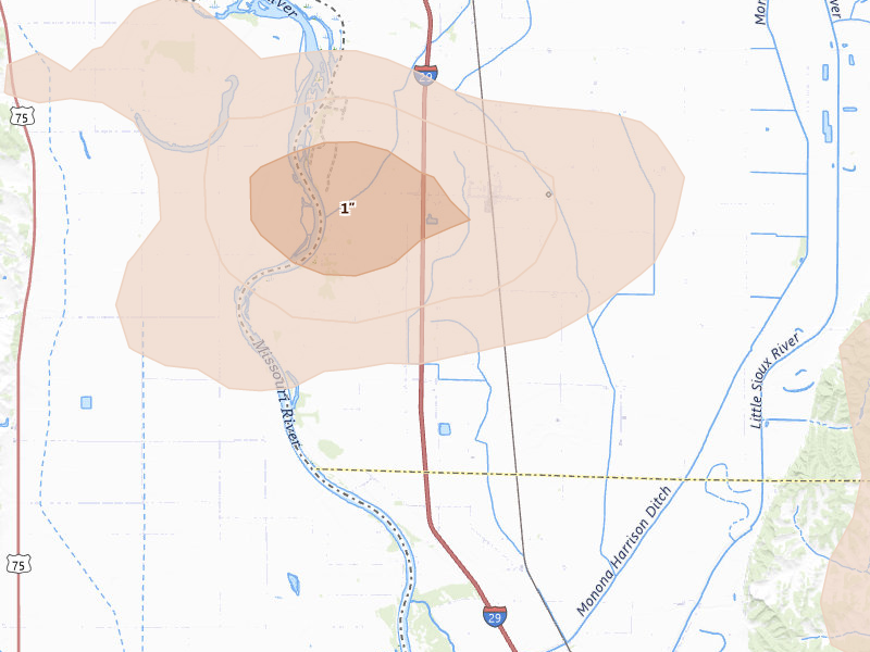 Radar-estimated hail-size map of the storm over Blencoe, IA on Jul 8, 2026