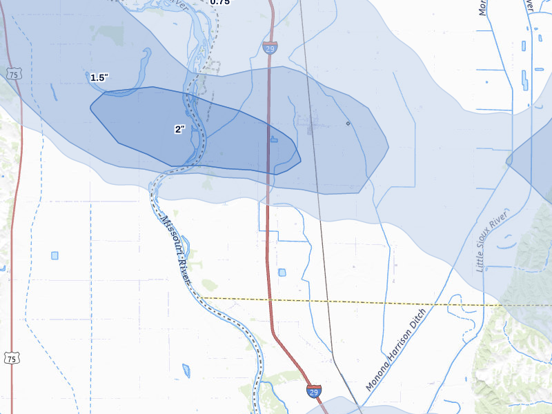 NEXRAD radar-signature map of the hail storm over Blencoe, IA on Jul 8, 2026