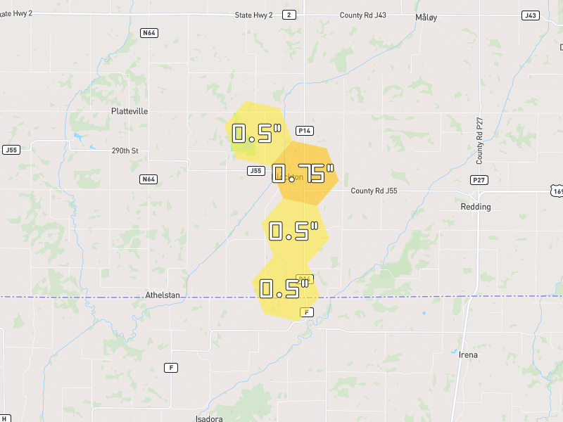 Hail map of Blockton, IA on Jun 1, 2026, hail up to 0.75"