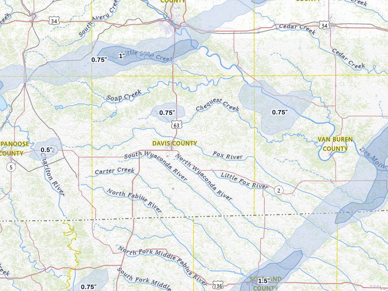 NEXRAD radar-signature map of the hail storm over Bloomfield, IA on Mar 5, 2026
