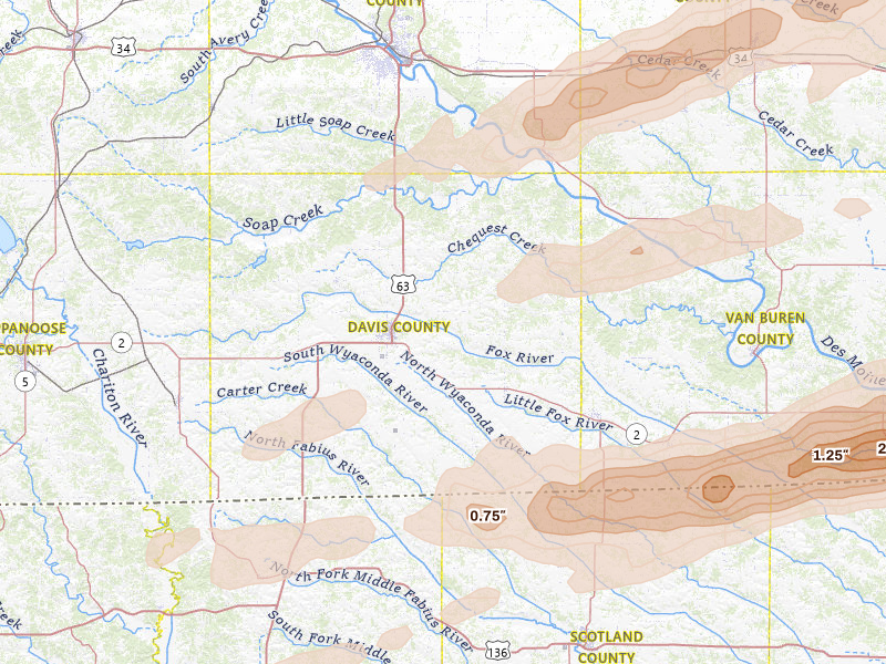 Radar-estimated hail-size map of the storm over Bloomfield, IA on Mar 10, 2026