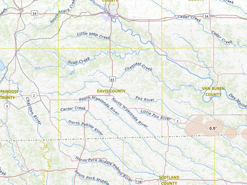 Radar-estimated hail-size map of the storm over Bloomfield, IA on Mar 26, 2026