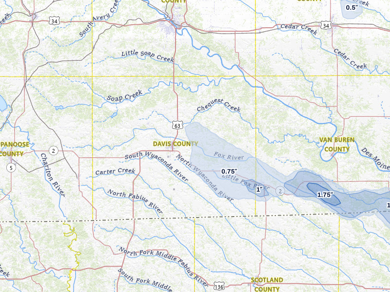NEXRAD radar-signature map of the hail storm over Bloomfield, IA on Mar 26, 2026