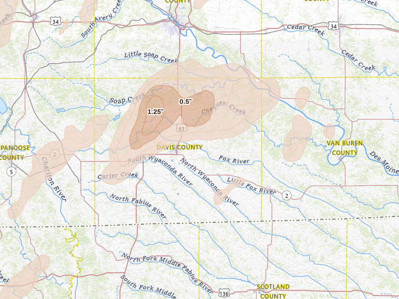 Radar-estimated hail-size map of the storm over Bloomfield, IA on Apr 17, 2026