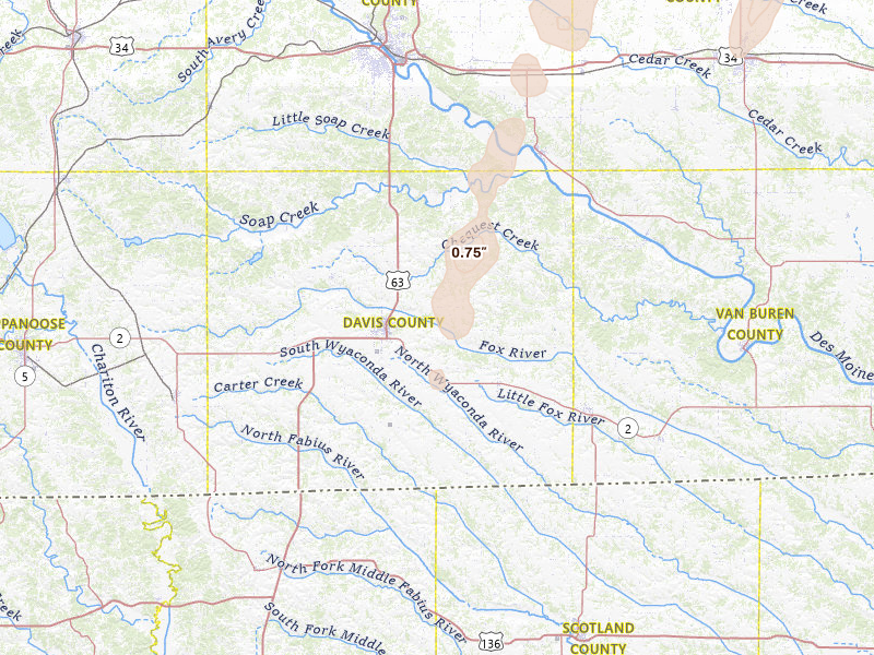 Radar-estimated hail-size map of the storm over Bloomfield, IA on Apr 23, 2026