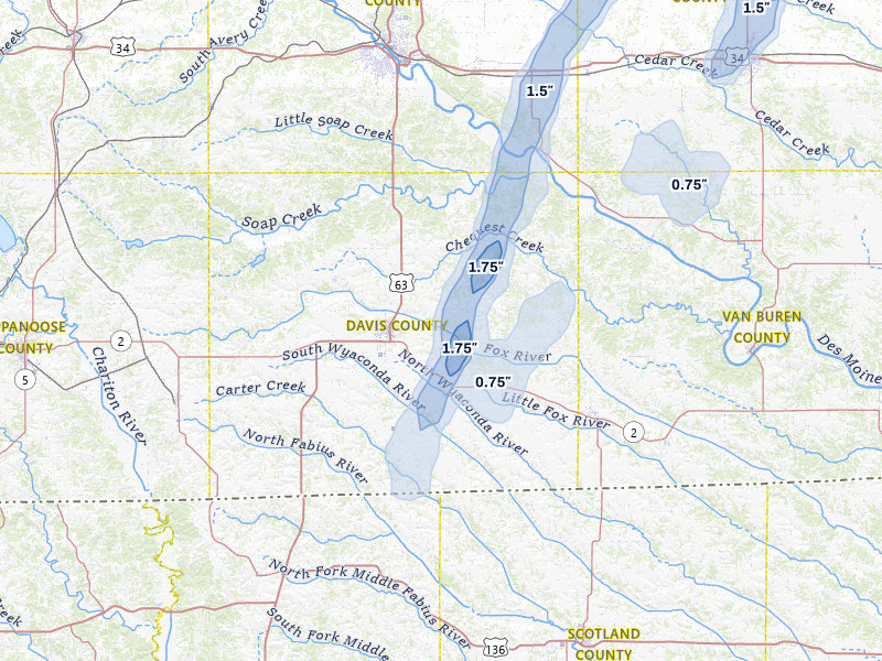 NEXRAD radar-signature map of the hail storm over Bloomfield, IA on Apr 23, 2026