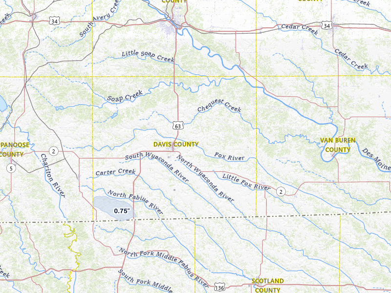 NEXRAD radar-signature map of the hail storm over Bloomfield, IA on Apr 26, 2026