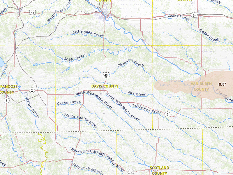 Radar-estimated hail-size map of the storm over Bloomfield, IA on May 4, 2026