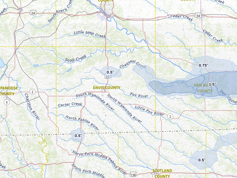 NEXRAD radar-signature map of the hail storm over Bloomfield, IA on May 4, 2026