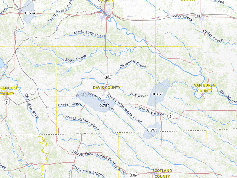 NEXRAD radar-signature map of the hail storm over Bloomfield, IA on May 17, 2026