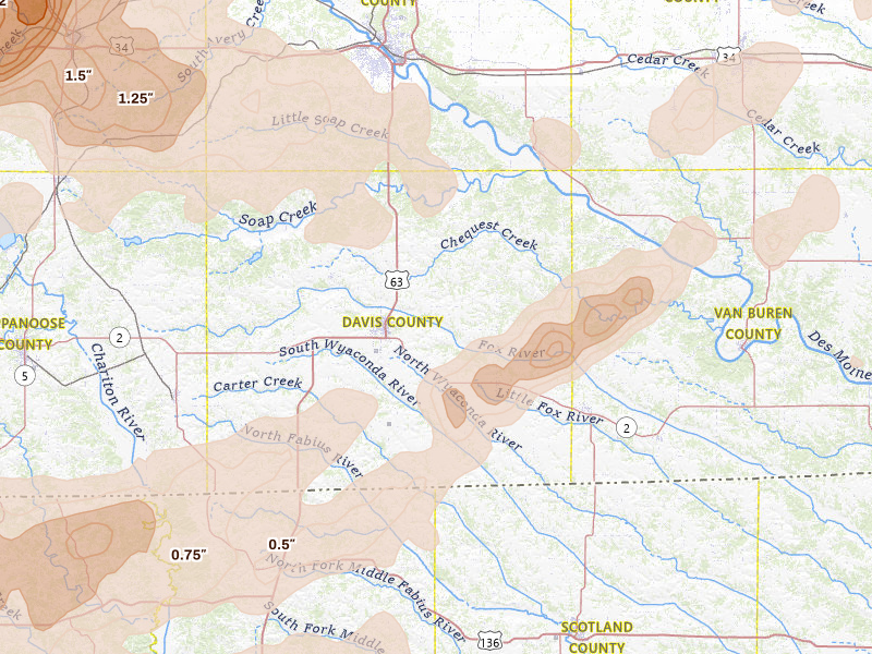 Radar-estimated hail-size map of the storm over Bloomfield, IA on Jun 11, 2026