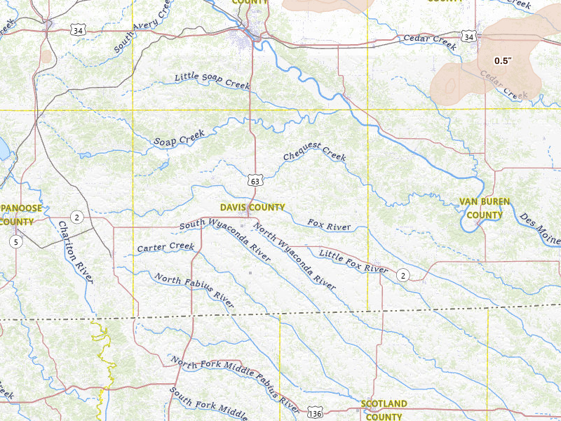 Radar-estimated hail-size map of the storm over Bloomfield, IA on Jul 3, 2026
