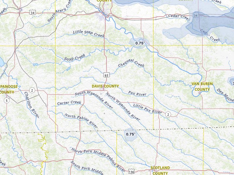 NEXRAD radar-signature map of the hail storm over Bloomfield, IA on Jul 3, 2026