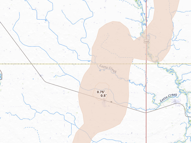 Radar-estimated hail-size map of the storm over Bode, IA on Apr 23, 2026