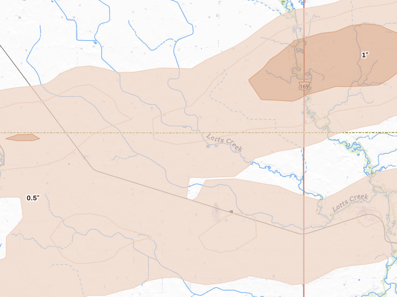 Radar-estimated hail-size map of the storm over Bode, IA on May 15, 2026