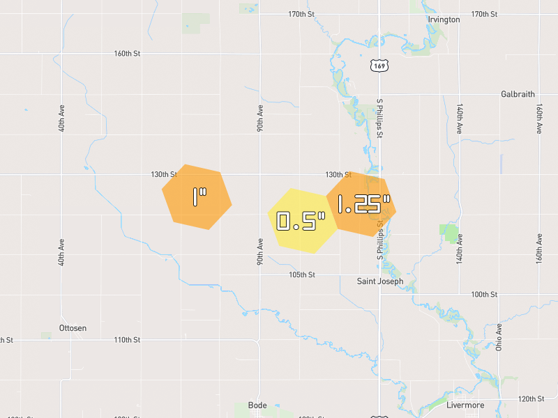 Hail map of Bode, IA on Jun 28, 2026, hail up to 1.25"