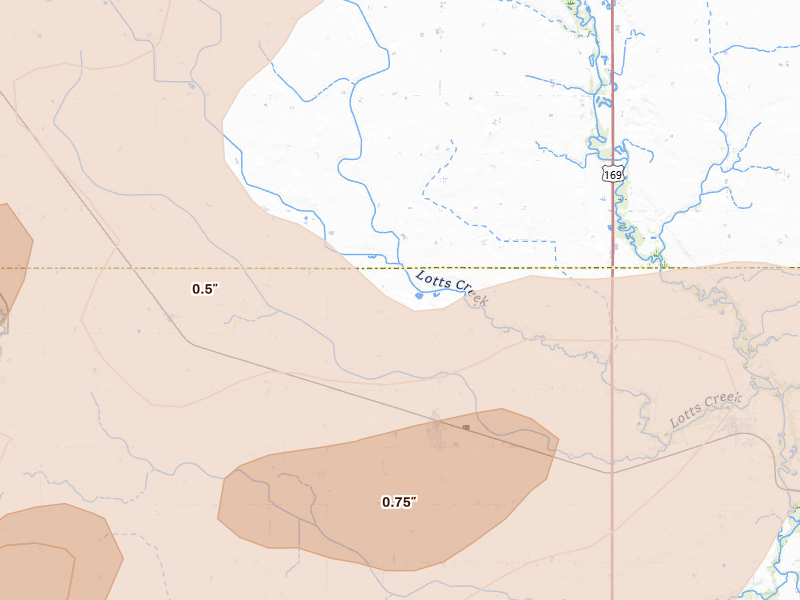 Radar-estimated hail-size map of the storm over Bode, IA on Aug 8, 2026
