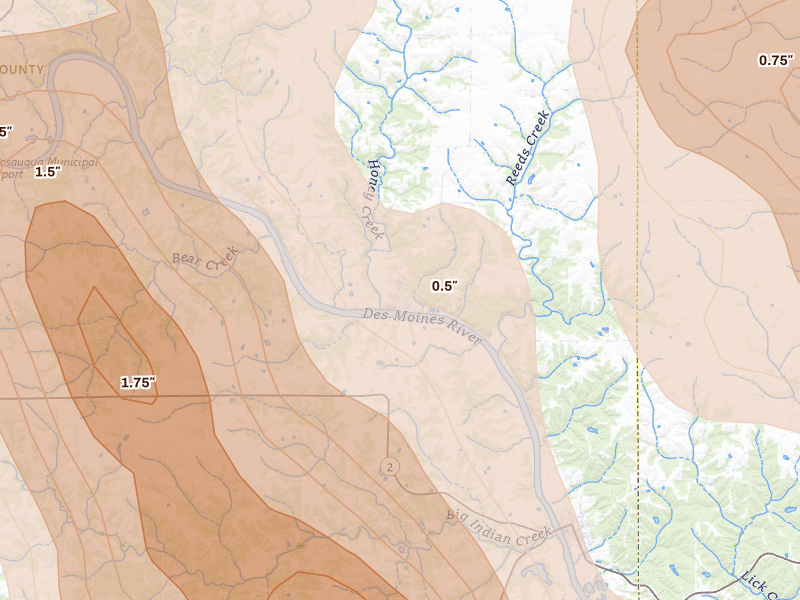Radar-estimated hail-size map of the storm over Bonaparte, IA on Aug 7, 2026
