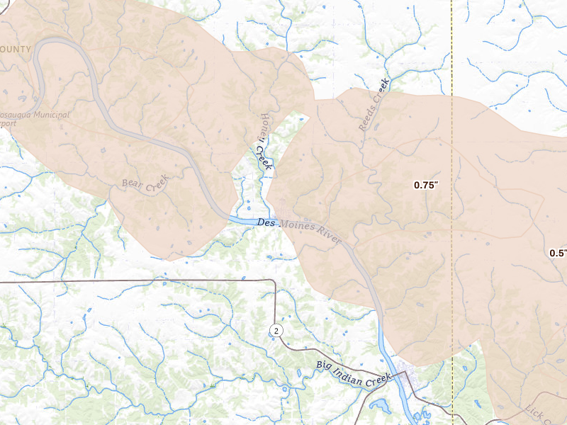 Radar-estimated hail-size map of the storm over Bonaparte, IA on Aug 12, 2026