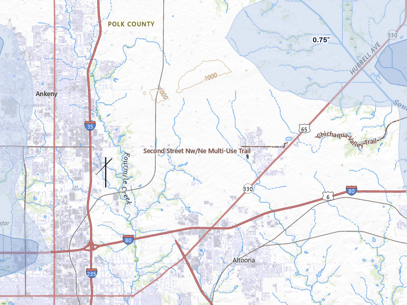 NEXRAD radar-signature map of the hail storm over Bondurant, IA on Mar 30, 2026
