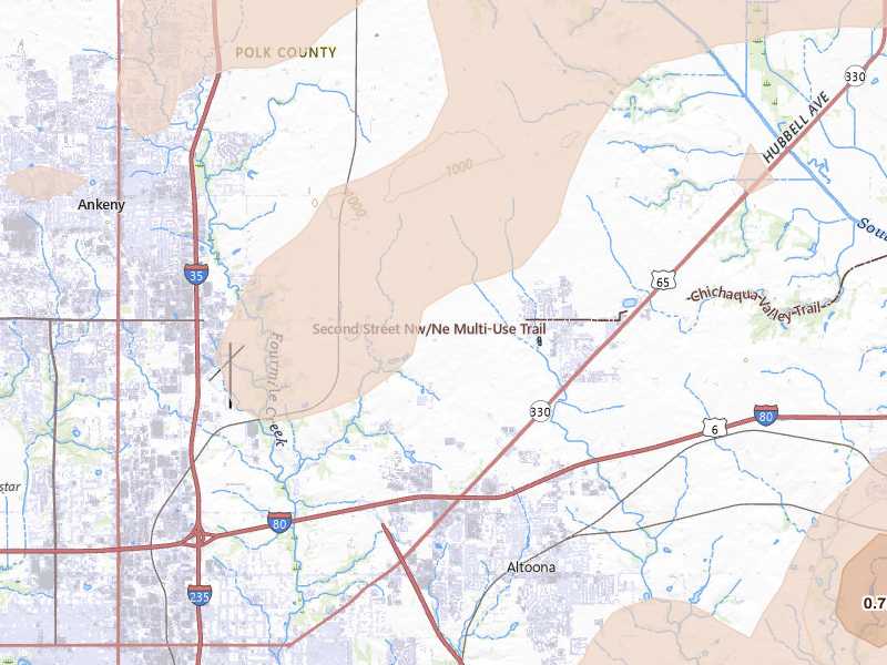 Radar-estimated hail-size map of the storm over Bondurant, IA on Apr 17, 2026