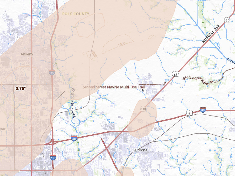 Radar-estimated hail-size map of the storm over Bondurant, IA on May 18, 2026