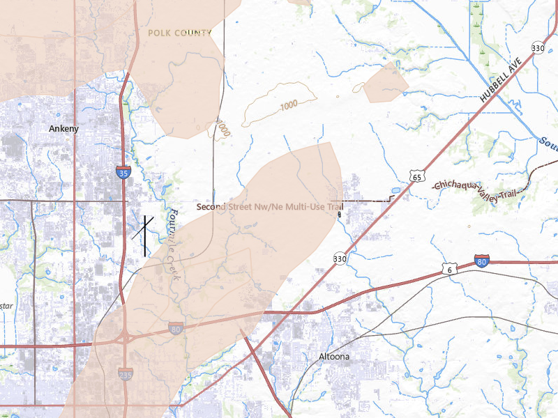 Radar-estimated hail-size map of the storm over Bondurant, IA on Jul 2, 2026