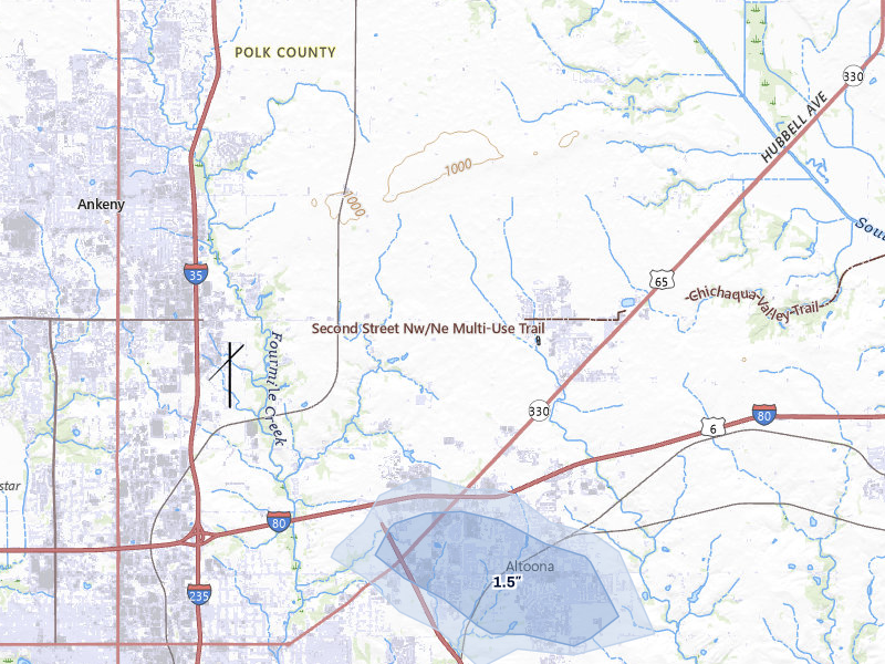 NEXRAD radar-signature map of the hail storm over Bondurant, IA on Jul 3, 2026