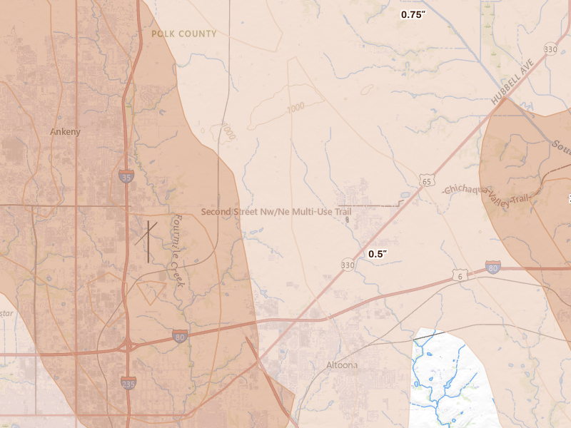 Radar-estimated hail-size map of the storm over Bondurant, IA on Jul 20, 2026