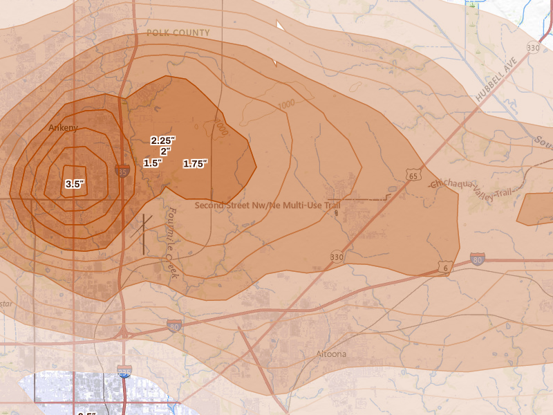 Radar-estimated hail-size map of the storm over Bondurant, IA