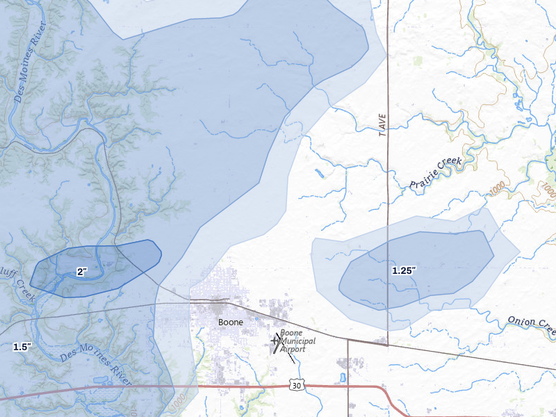 NEXRAD radar-signature map of the hail over Boone, IA
