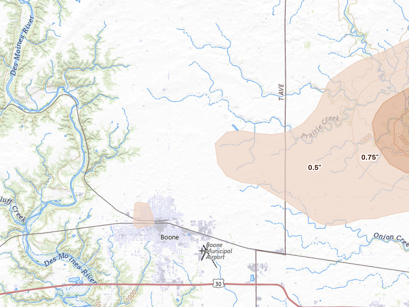 Radar-estimated hail-size map of the storm over Boone, IA on Jun 28, 2026