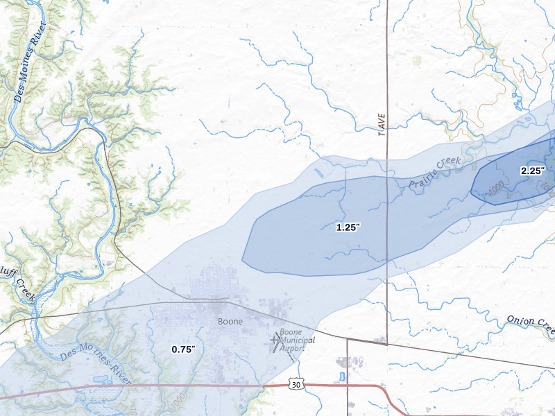 NEXRAD radar-signature map of the hail storm over Boone, IA on Jun 28, 2026
