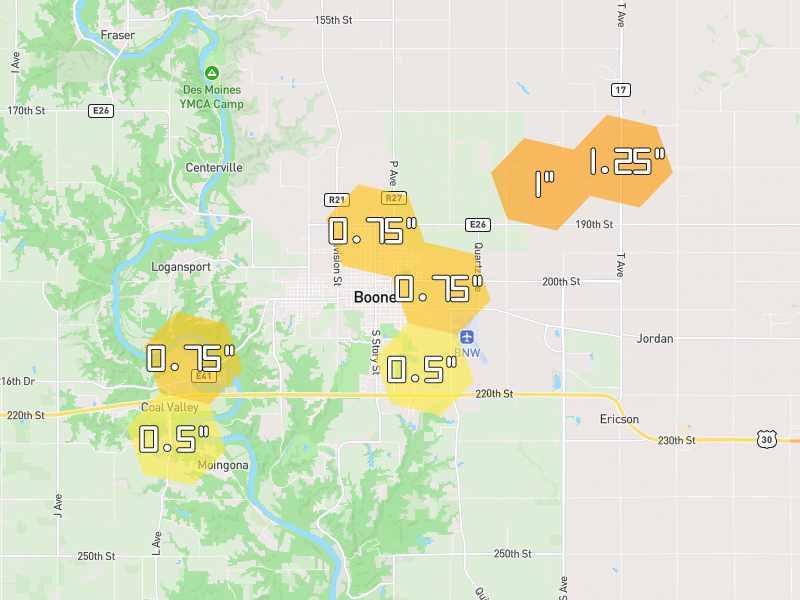 Hail map of Boone, IA on Jun 28, 2026, hail up to 1.25"