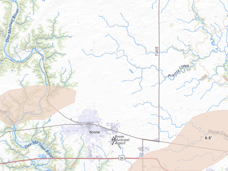 Radar-estimated hail-size map of the storm over Boone, IA on Jul 3, 2026