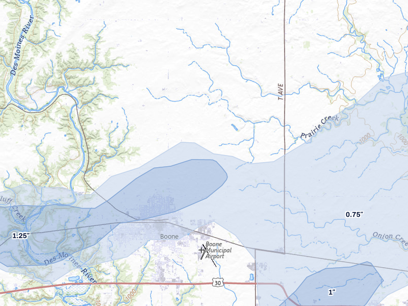NEXRAD radar-signature map of the hail storm over Boone, IA on Jul 3, 2026