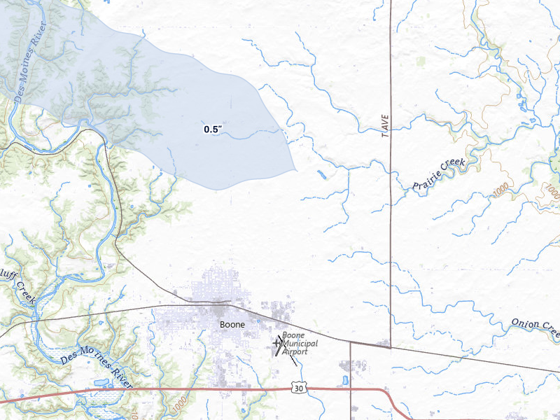 NEXRAD radar-signature map of the hail storm over Boone, IA on Jul 8, 2026