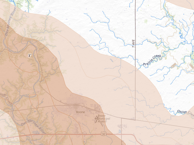 Radar-estimated hail-size map of the storm over Boone, IA on Jul 20, 2026