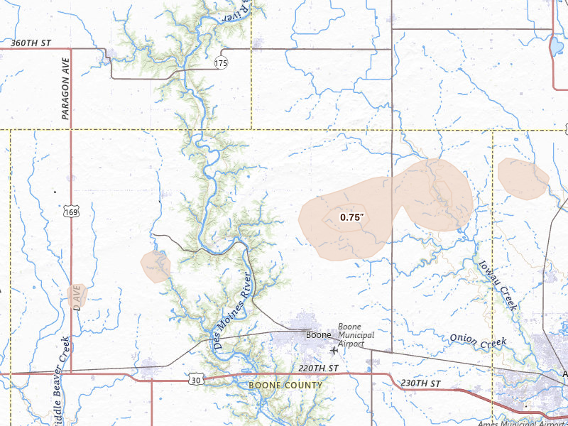Radar-estimated hail-size map of the storm over Boone, IA on Aug 4, 2026