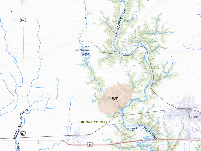 Radar-estimated hail-size map of the storm over Boone, IA on Aug 9, 2026