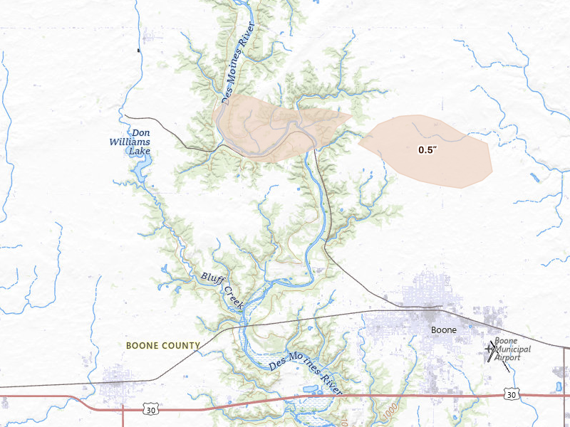 Radar-estimated hail-size map of the storm over Boone, IA on Aug 11, 2026