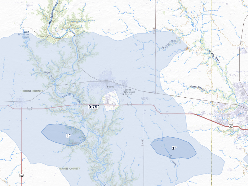 NEXRAD radar-signature map of the hail storm over Boone, IA on Aug 12, 2026
