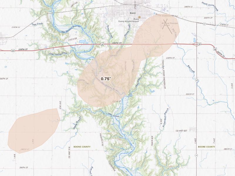Radar-estimated hail-size map of the storm over Boone, IA